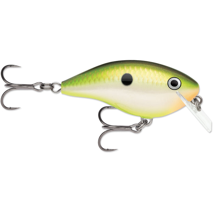 Rapala OG Big Rocco 6 Squarebill Crankbait in a bruised citrus color with green and yellow gradient, detailed scale texture, black spot, and two sharp treble hooks for fishing tackle use.