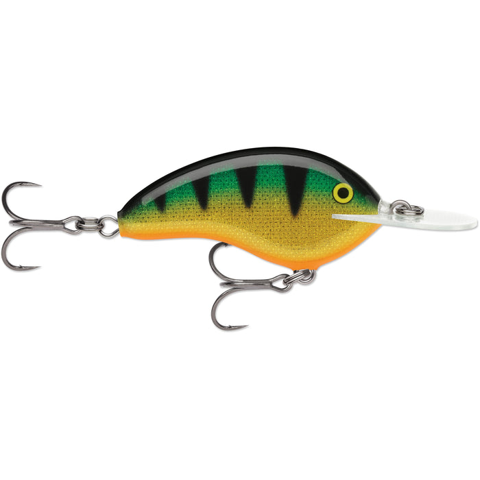Rapala OG Deep Tiny 7 Crankbait fishing lure in green, yellow, and orange with black vertical stripes, featuring two sharp treble hooks and a clear plastic diving lip.