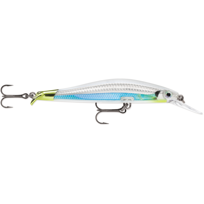 Rapala Rip Stop Deep fishing lure with a silver, blue, and chartreuse color pattern, featuring two sharp treble hooks and a clear diving lip for deep water fishing.