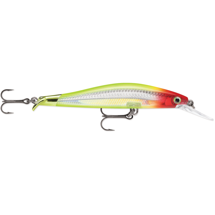 Rapala Rip Stop Deep fishing lure with a red head, chartreuse back, translucent silver sides, and two treble hooks designed for effective fishing tackle use.