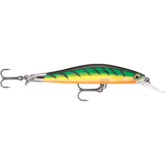 Rapala Rip Stop Deep fishing lure with vibrant green, yellow, and black pattern, featuring two treble hooks and a clear diving lip for deep water fishing.
