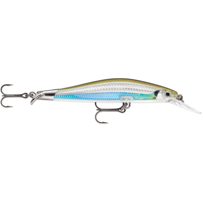 Rapala Rip Stop Deep fishing lure with a detailed silver and blue body, lifelike eyes, and two sharp treble hooks, designed for effective fishing tackle use.