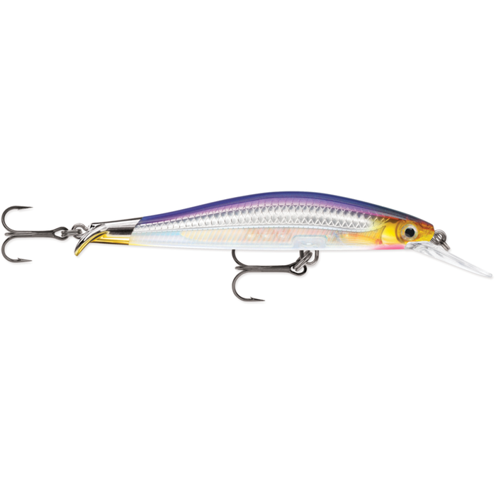 Rapala Rip Stop Deep fishing lure with a reflective silver body, purple top, yellow head, and two sharp treble hooks designed for deep water fishing.