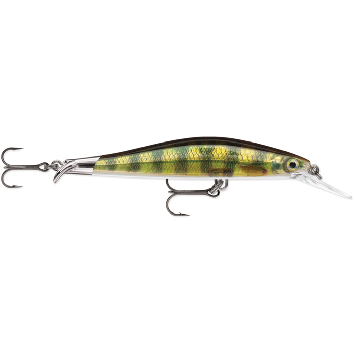 Rapala Rip Stop Deep fishing lure with a green and yellow pattern, featuring two sharp treble hooks and a clear diving lip for deep water fishing.