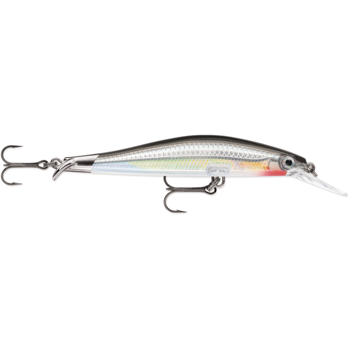Rapala Rip Stop Deep fishing lure with a reflective silver body, detailed scale pattern, two treble hooks, and a clear plastic diving lip for deep water fishing.