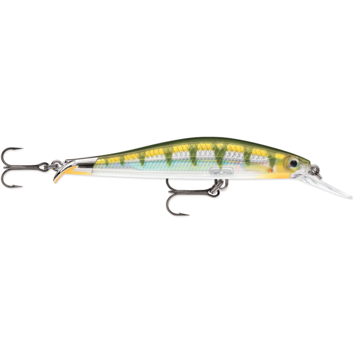 Rapala Rip Stop Deep fishing lure with a green and yellow patterned body, clear diving lip, and two sharp treble hooks designed for deep water fishing.