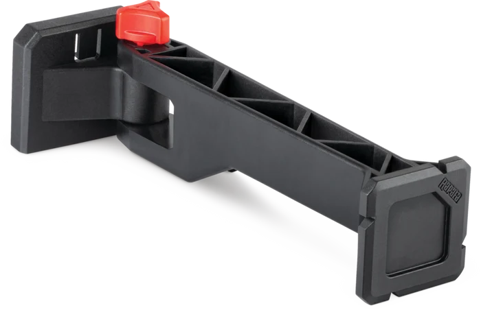 Rapala Smart Hub Adjustable 7" Arm Extension in black with textured support surfaces and red locking mechanism, designed for durable use in fishing tackle setups.