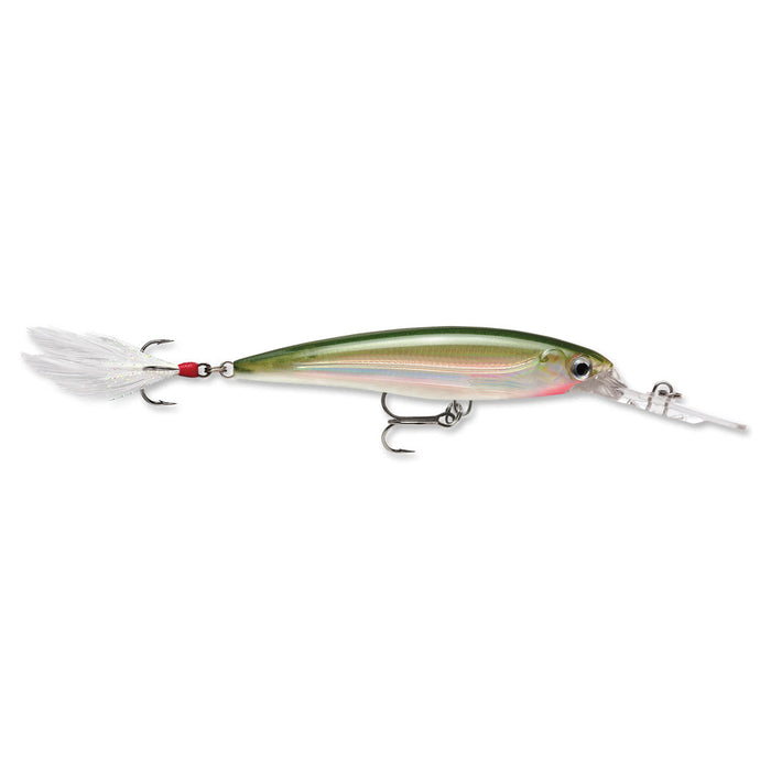 Rapala X-Rap Deep Jerkbait fishing lure with an olive green body, detailed with reflective scale patterns, two treble hooks, and a feathered tail for enhanced attraction.