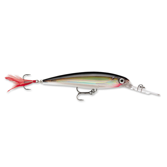 Rapala X-Rap Deep Jerkbait fishing lure with a slender, shiny silver body, black back, detailed eye, clear extended diving lip, and red feathered treble hooks for effective fishing tackle.