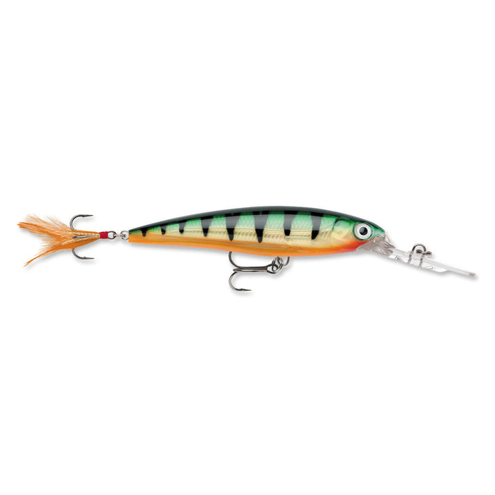 Rapala X-Rap Deep Jerkbait fishing lure designed with a vibrant perch pattern, featuring sharp treble hooks and a clear diving lip for deepwater fishing.
