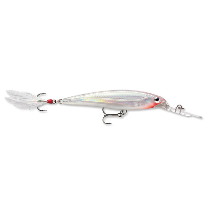 Rapala X-Rap Deep Jerkbait fishing lure with a slender, reflective body, two sharp treble hooks, clear diving lip, and feathered tail detail designed for lifelike action in water.