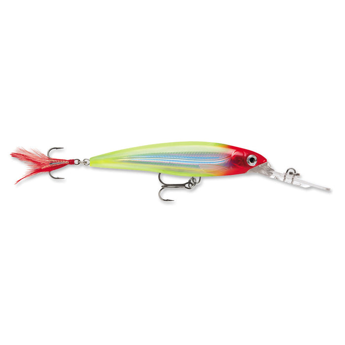 Rapala X-Rap Deep Jerkbait featuring a streamlined, elongated body with red head, chartreuse back, and reflective sides, equipped with two sharp treble hooks and a clear diving lip for deep water fishing.