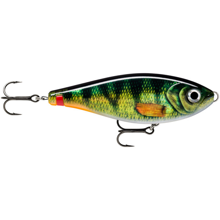 Rapala X-Rap Haku fishing lure designed to resemble a live perch with vivid green and yellow scales, realistic eyes, and two sharp treble hooks for effective fishing tackle use.