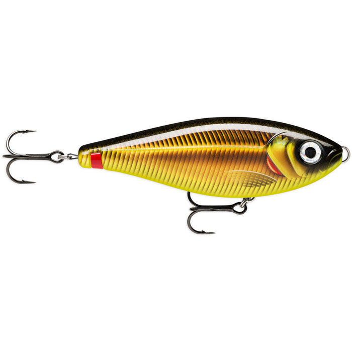 Rapala X-Rap Haku fishing lure in metallic gold and yellow tones with lifelike fish scale pattern, two sharp treble hooks, designed for effective fishing tackle use.