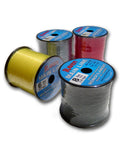 Four spools of Raven Main Line monofilament fishing line in yellow, clear, red, and black, showing line strength labels for fishing tackle use.