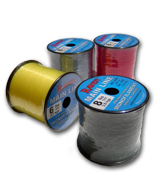 Four spools of Raven Main Line monofilament fishing line in yellow, clear, red, and black, showing line strength labels for fishing tackle use.