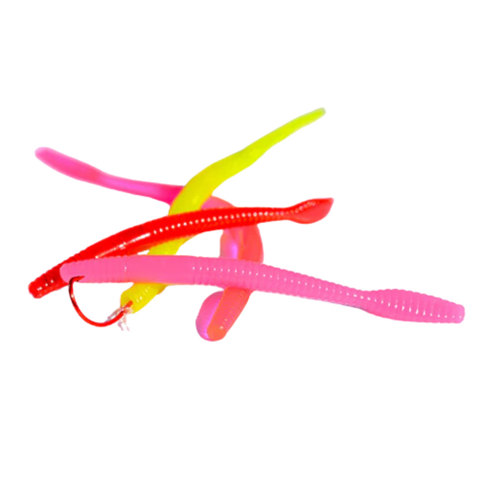 Raven Steelhead Worms soft plastic fishing lures in bright pink, red, and yellow colors with ribbed bodies and a hooked lure designed for fishing tackle.