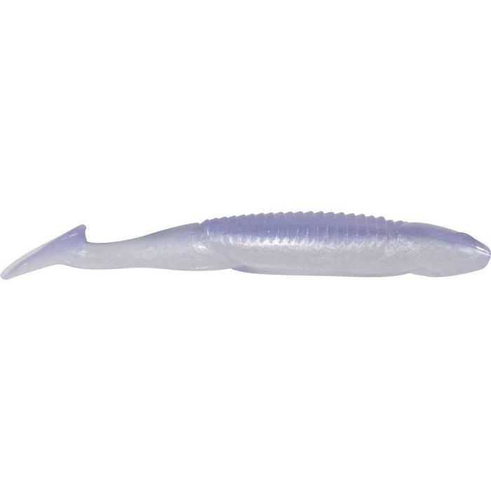 Reaction Innovations Skinny Dipper soft plastic fishing lure in translucent light purple with ribbed body and paddle tail for lifelike swimming action.