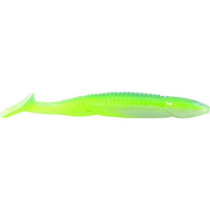 Reaction Innovations Skinny Dipper soft fishing lure in bright green with ribbed texture and paddle tail, designed for effective movement in water to attract fish.