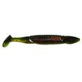 Reaction Innovations Skinny Dipper soft fishing lure in green with red flecks, featuring a paddle tail and ribbed body designed for lifelike movement in water.