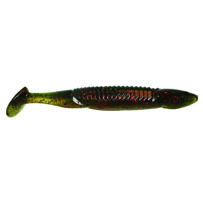 Reaction Innovations Skinny Dipper soft fishing lure in green with red flecks, featuring a paddle tail and ribbed body designed for lifelike movement in water.