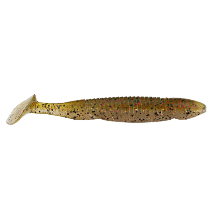 Reaction Innovations Skinny Dipper soft fishing lure in translucent green with black and red flecks, featuring a ribbed body and paddle tail for lifelike action.