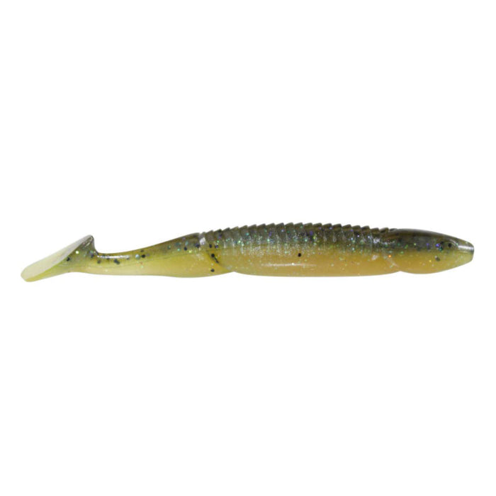 Reaction Innovations Skinny Dipper soft plastic fishing lure in green and yellow with a paddle tail, designed for effective movement in freshwater fishing tackle.