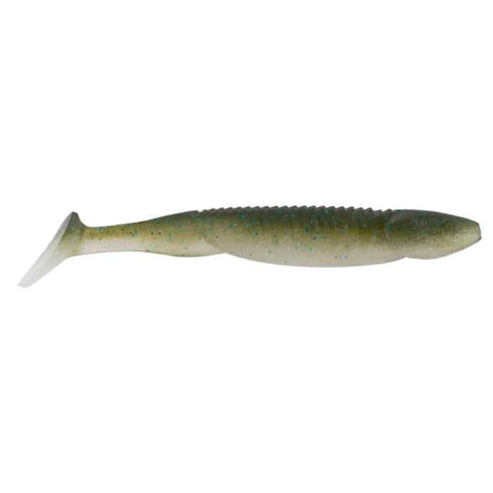 Reaction Innovations Skinny Dipper soft fishing lure in greenish-brown with blue flecks and paddle tail, designed for musky and freshwater fishing tackle.