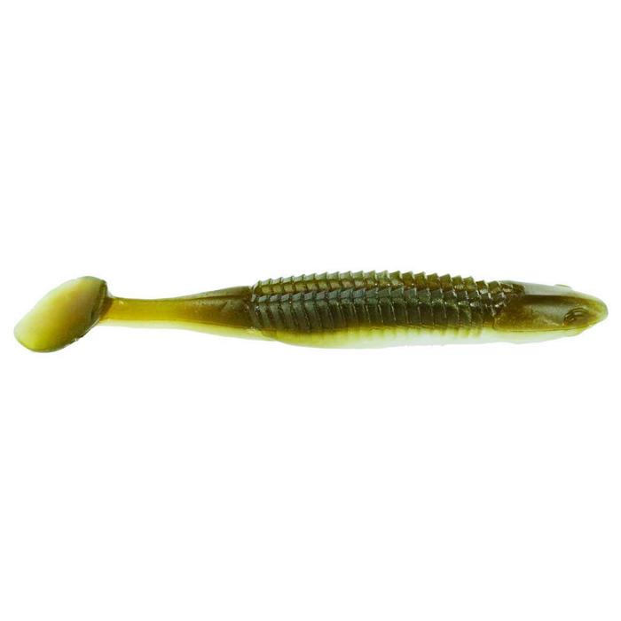 Reaction Innovations Skinny Dipper soft plastic fishing lure in green and yellow hues with a ribbed body and paddle tail, designed for fishing tackle enthusiasts.