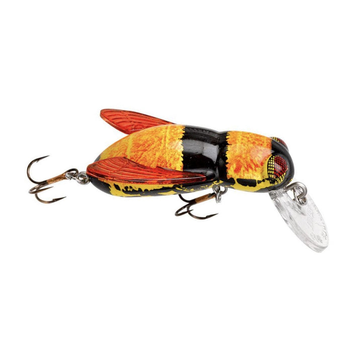 Rebel Bumble Bug Micro Crankbait designed with bright yellow and black body, orange wings, lifelike segmented appearance, and equipped with two treble hooks for effective fishing tackle use.
