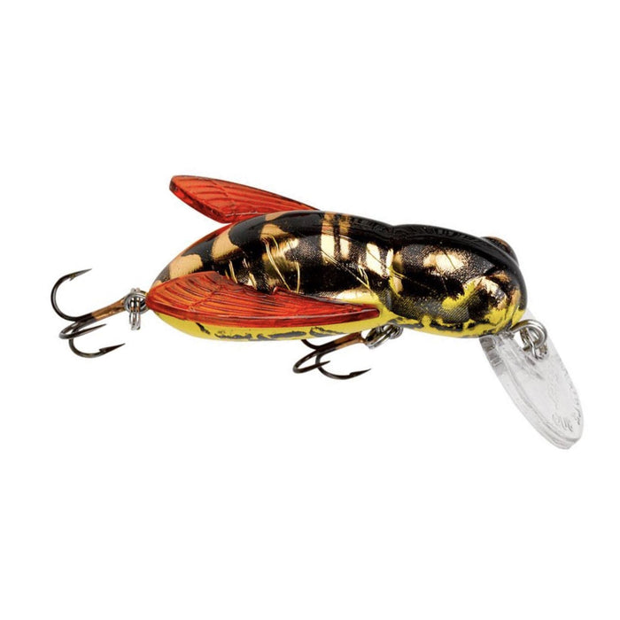 Rebel Bumble Bug Micro Crankbait fishing lure designed to resemble a hornet with black and yellow body, red translucent wings, dual treble hooks, and a clear diving lip for fishing tackle.