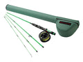 Redington Minnow Outfit 8'0" 5wt fly fishing rod and reel combo in green, displayed with four-piece rod sections and a matching protective carrying case.