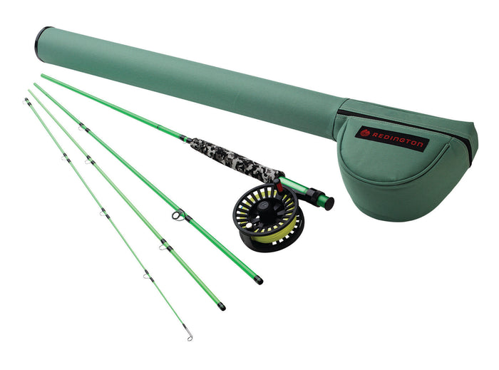 Redington Minnow Outfit 8'0" 5wt fly fishing rod and reel combo in green, displayed with four-piece rod sections and a matching protective carrying case.
