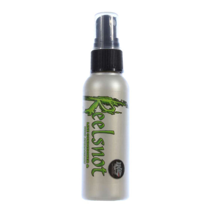 Silver spray bottle of Reelsnot Original Ike Approved Line & Reel Lubricant designed for maintaining fishing rods and reels, featuring a green logo and black spray nozzle.