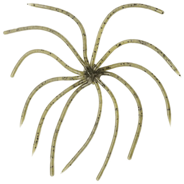 Reins Umbrella Wire Creature Bait shown flat with multiple flexible, translucent olive-green appendages with black speckles radiating from a central body designed for fishing tackle use.