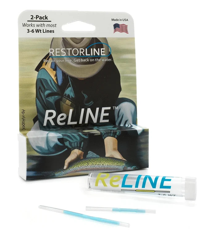 ReLINE Fly Line Repair kit packaging featuring fishing artwork and two clear repair tubes for fixing 3-6 weight fly fishing lines, designed for anglers.