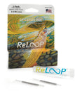 ReLOOP Fly Line Repair packaging shows a 2-pack repair kit for 3-6 weight fishing lines, including two small transparent repair tubes and a plastic case, with colorful fish artwork in the background.