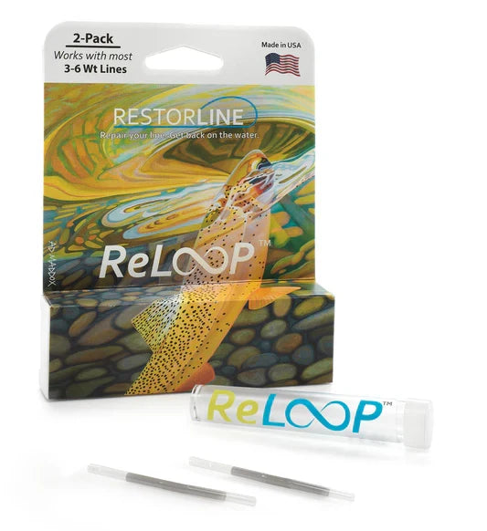 ReLOOP Fly Line Repair packaging shows a 2-pack repair kit for 3-6 weight fishing lines, including two small transparent repair tubes and a plastic case, with colorful fish artwork in the background.