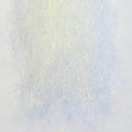 Close-up view of white synthetic iridescent fibers used as fishing tackle material for fly tying, specifically from the Renzetti Frenzy Fiber product.