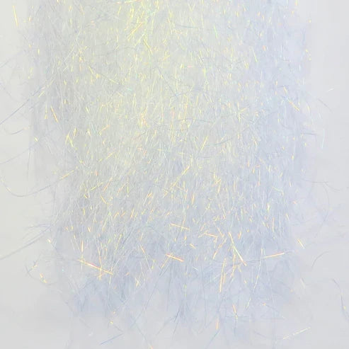 Close-up view of white synthetic iridescent fibers used as fishing tackle material for fly tying, specifically from the Renzetti Frenzy Fiber product.