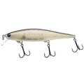 Revonik Shindy 110 SP-M lure with a translucent gray body, detailed scale pattern, blue eye, and three sharp treble hooks designed for fishing tackle enthusiasts.