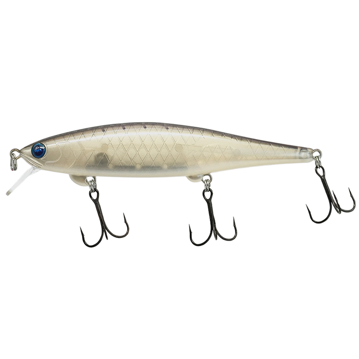 Revonik Shindy 110 SP-M lure with a translucent gray body, detailed scale pattern, blue eye, and three sharp treble hooks designed for fishing tackle enthusiasts.