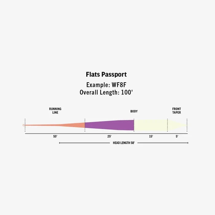 Rio Ambassador Series Flats Passport fly line taper diagram showing WF8F profile with running line body front taper and 100 foot overall length