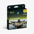 Rio Elite Musky Outbound fly fishing line package featuring a musky image and Elite low stretch design for anglers targeting large freshwater fish