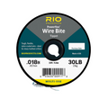 Round spool of Rio Powerflex Wire bite tippet line, featuring tough, flexible nylon-coated wire, 15 feet long, 0.018 inch diameter, with 30-pound test strength for fishing sharp-toothed species.