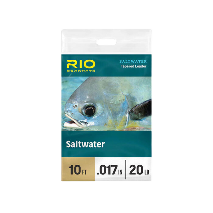 Packaging of Rio Saltwater Leader fishing tackle, featuring saltwater tapered leader line with 10 feet length, 0.017 inch diameter, and 20-pound test strength, designed for saltwater fishing.
