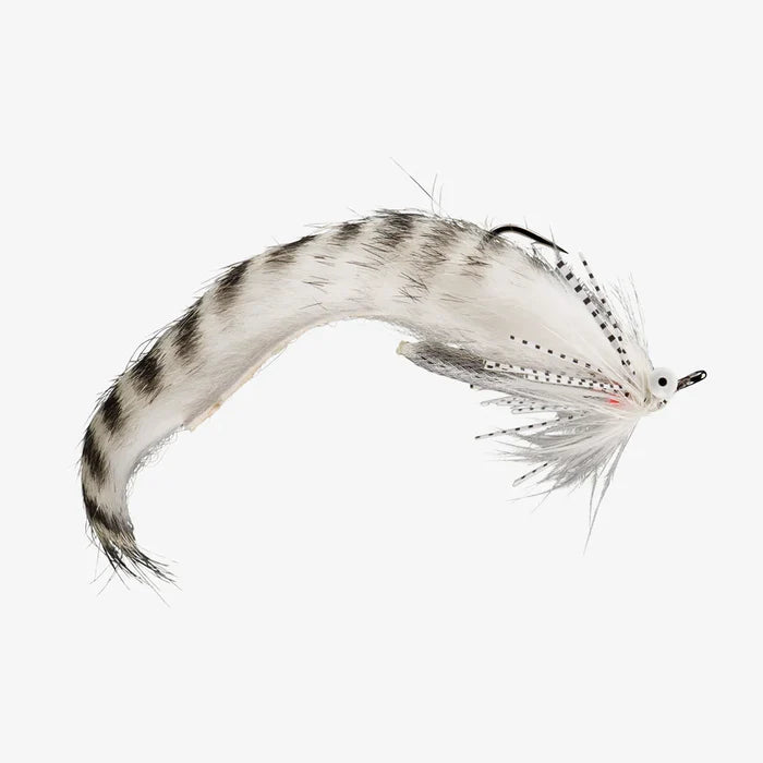 Rio's Meat Sweats fishing lure featuring white and gray patterned feathers with black speckles, designed for freshwater fishing and musky tackle.