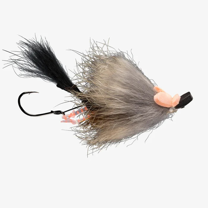 Detailed close-up of RIO's Pip Squeak Mouse fishing lure featuring a gray furry body, black tail, orange foam nose, and sharp hook, designed for freshwater musky fishing.