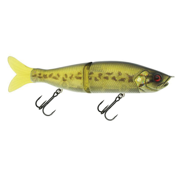 River2Sea S-Waver 168S Glide Bait designed to mimic a small fish, featuring a segmented body, lifelike yellow and green coloration with spotted pattern, and two treble hooks for effective fishing tackle use.