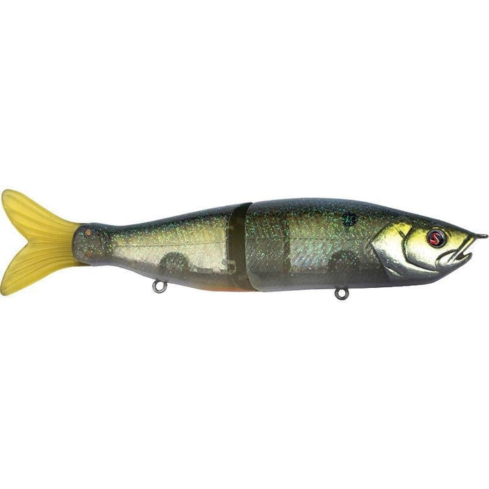 River2Sea S-Waver 168S Glide Bait fishing lure with segmented body, designed to imitate a small fish, featuring a green and yellow color pattern and realistic details for effective fishing tackle use.